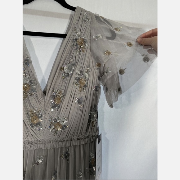 NWT $598 Mac Duggal [ 6 ] Ruffle Tiered Embellished Flutter Sleeve Gown‎ Grey - Picture 11 of 15